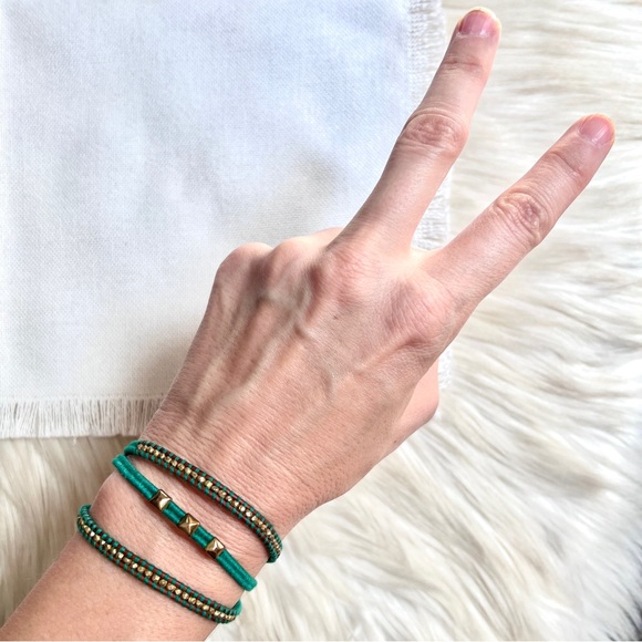 CHAN LUU Sterling & Gold Vermeil Nugget & Leather Green Wrap Boho Bracelet - Picture 5 of 6